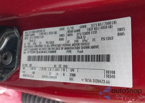 2019 Ford F-150 Lariat из США, поврежденный, VIN 1FTEW1E43KKC10895